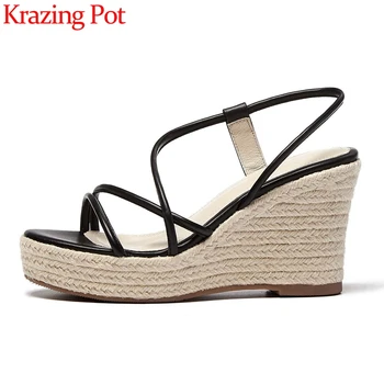 

Krazing pot 2020 new European design simple style peep toe straw wedges super high heels young lady daily wear sandals women L21