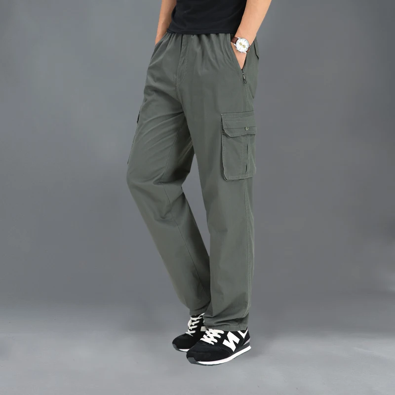 90% OFF M-6XL Cargo Pants Men Pocket Thin Elasticity Pants Full Length Pants Male Straight Trousers Homme Loose Cotton Casual Pant Black