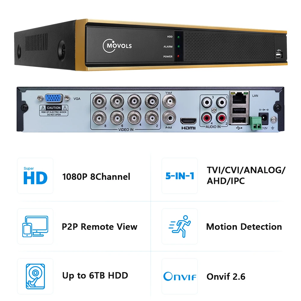 Цифровой видеорегистратор Movols 8 каналов 1080P H.264 AHD 5 в 1 DVR для систем