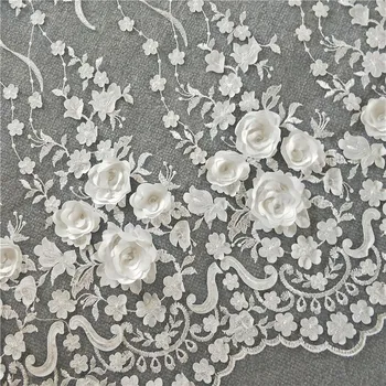 

Ivory White Wedding Dress Lace Fabric, 3D Chiffon Flowers Nail Bead High End European Lace Fabric Free Shipping RS2508