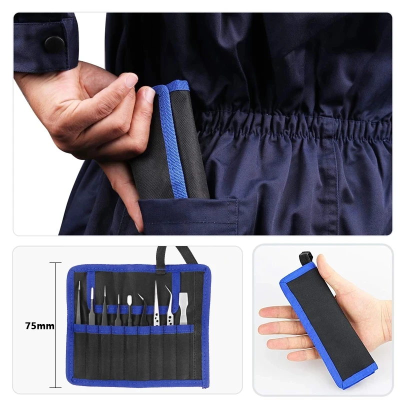 Industrial Tweezers Set 9 Pcs Stainless Steel Anti-static High Elasticity Precision Pinzas SMD Rework Phone Repair Hand Tools