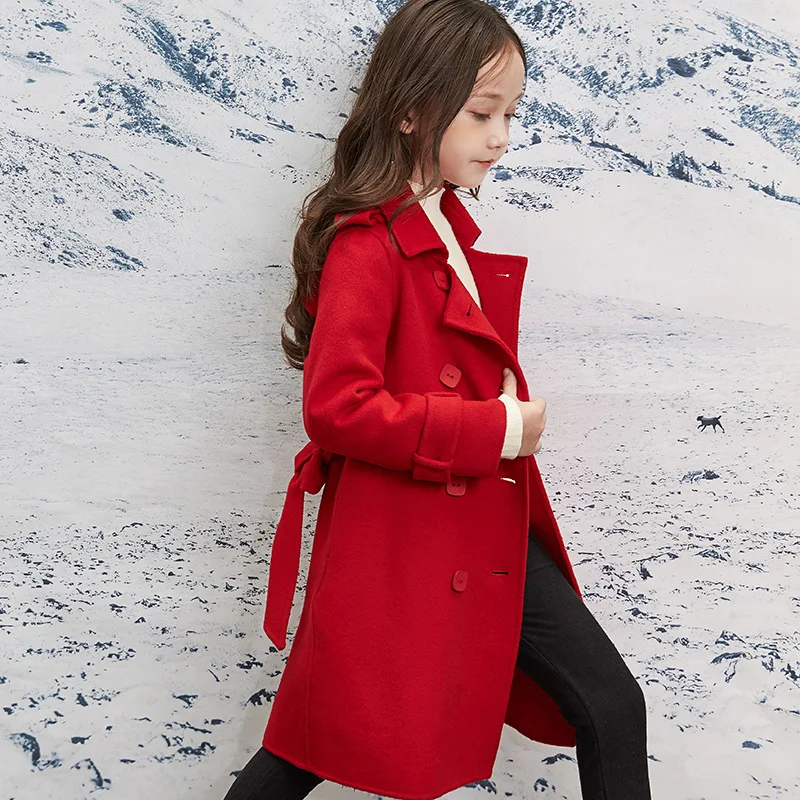 Ветровка для девочек, Осень-зима, длинное шерстяное пальто для девочек, элегантная верхняя одежда для детей 6, 8, 10, 12 лет - Цвет: Красный