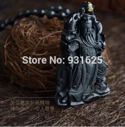 beautiful Black 100% Natural A Obsidian Carved guan yu Necklaces pendantbeautif-2