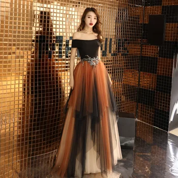 

Off Shoulder Black Top A Line Evening Dress Real Photo Lace Appliques Colorful Tulle Evening Luxury Long Occasion Party Dress