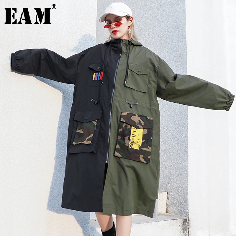 

[EAM] Women Spliced Hit Color Oversize Trench New Hooded Long Sleeve Loose Fit Windbreaker Fashion Tide Autumn Winter 2019 1B941