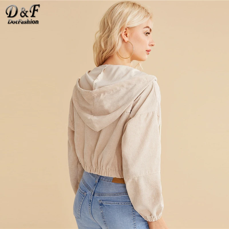 Dotfashion, хаки, Повседневная Женская куртка с круглым вырезом на молнии спереди, осень, куртки с капюшоном на завязках, Женская однотонная Вельветовая верхняя одежда