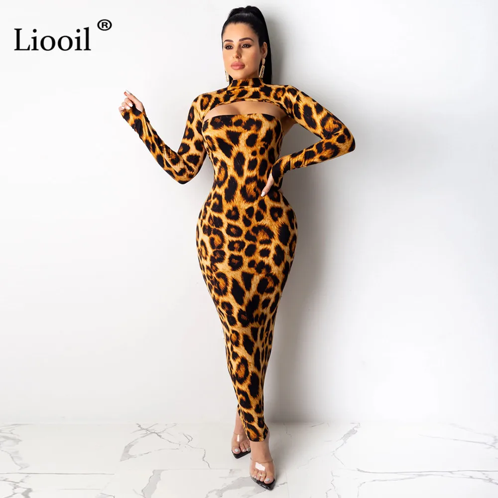 Liooil, камуфляжный Леопардовый принт, комплект из двух предметов, сексуальное облегающее длинное макси платье,, длинный рукав, открытая одежда для ночного клуба, Платья для вечеринок