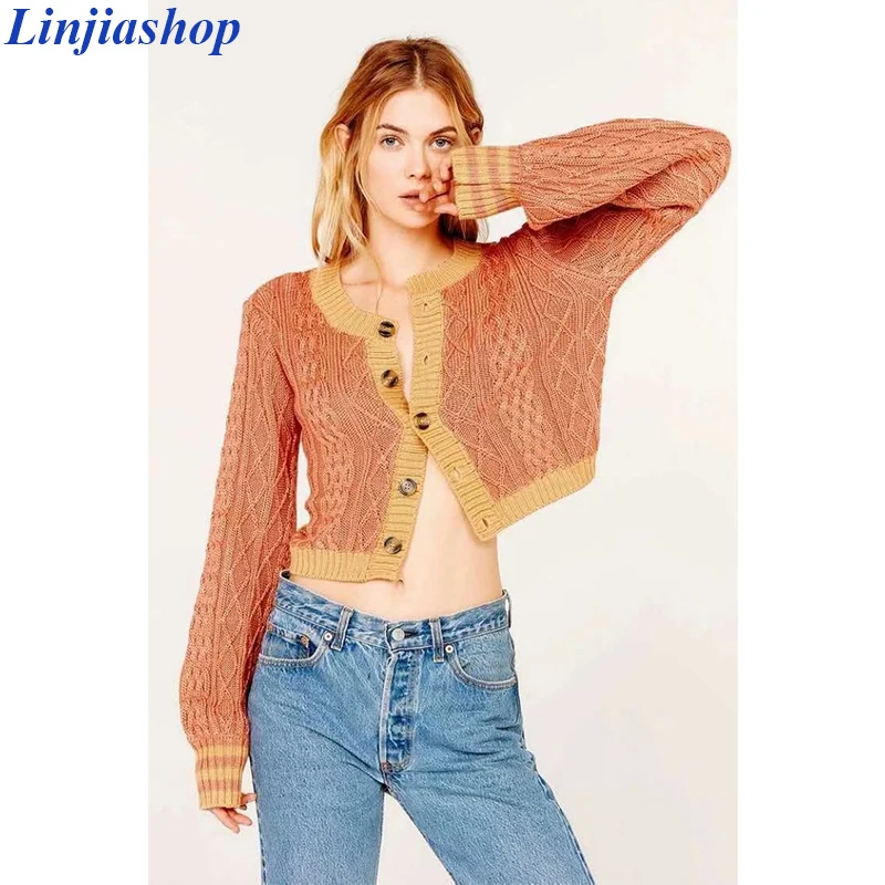 Inspired asymmetrical knitted cardigan long sleeve cropped sweaters women orange buttons supper chi