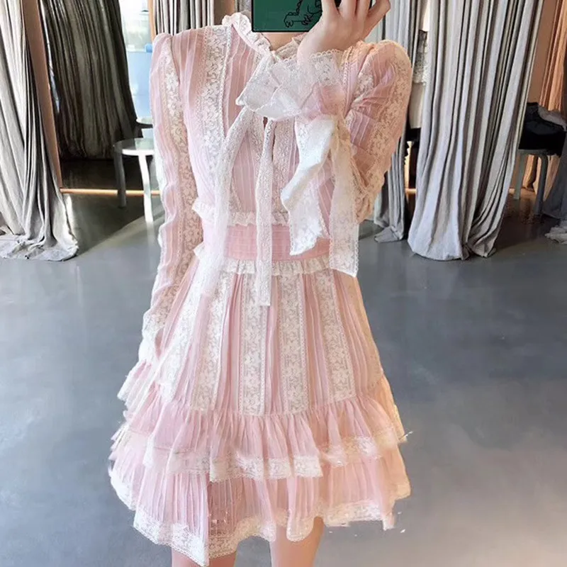 

2019 Autumn New Fashion Women Bow Petal Long Sleeve Empire Ruffles Lace Patchwork Solid Color Dress Striped Elegant Mini Dress