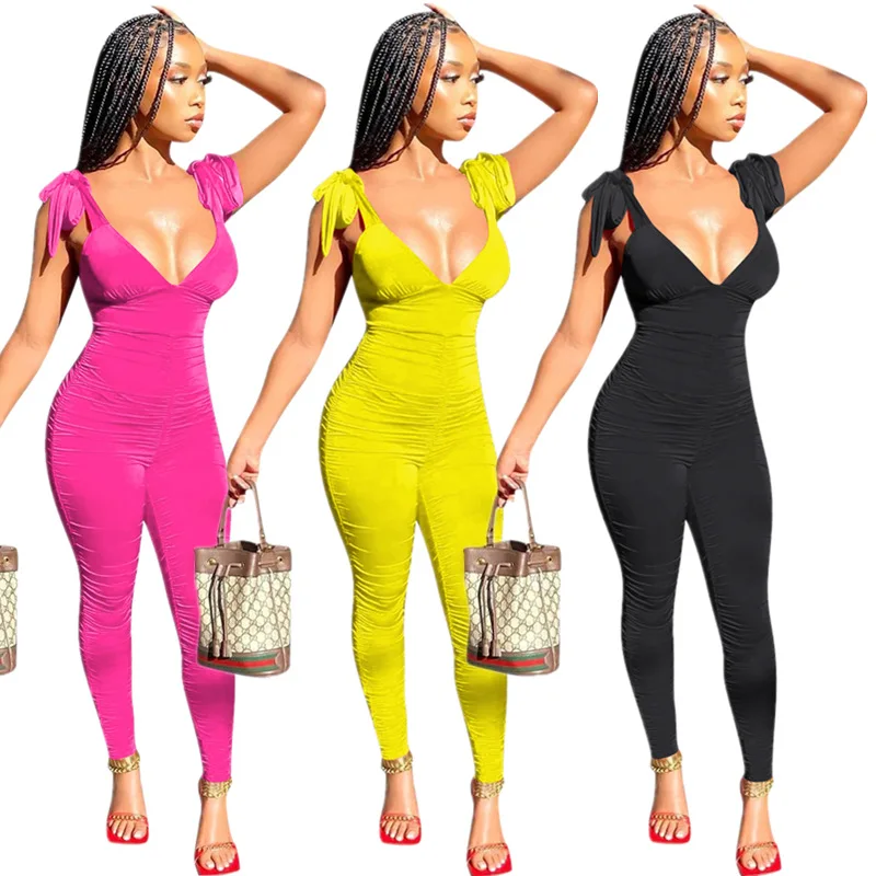 

Solid Color Lace Up Bow Deep V-Neck Trousers Summer Women Jumpsuit European and American Sexy Style Rompers