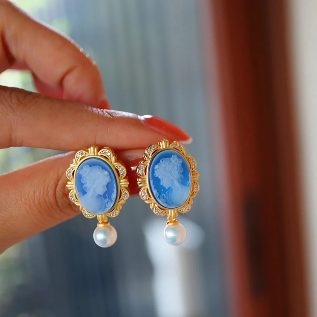 

Carmayo Earrings 925 Silver Plated 24K Gold Pearl Agate Relief Portrait Earrings Wedding Gift Jewelry Accessories