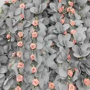 

2 yards Grey Pearl Rose Flower Bow Embroidered Chiffon Lace Trim Ribbon Fabric Sewing Craft For Costume Wedding Dress Decor 4CM