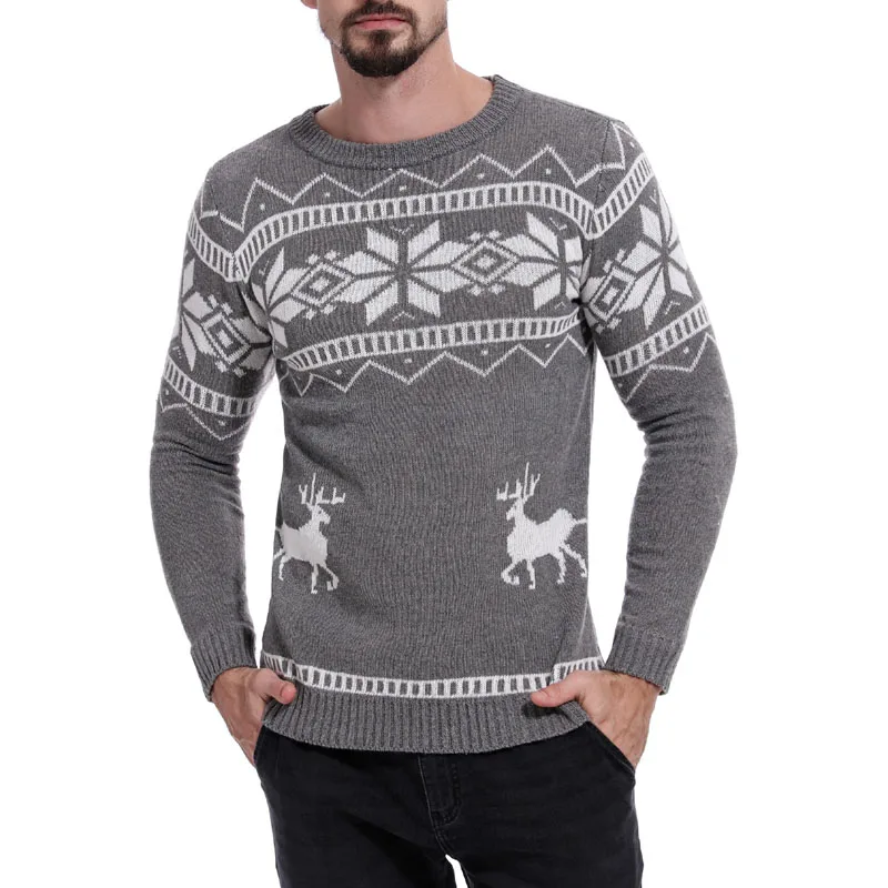 Модный Рождественский свитер с принтом лося, Мужской винтажный вязаный пуловер с круглым вырезом и длинным рукавом, Мужской Повседневный свитер в полоску