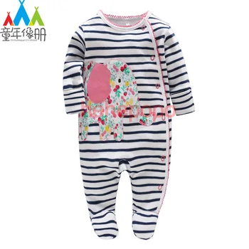 

Picturesque Childhood Newborn Baby Footies Blue Striped Floral Elephant Climbing Suit Cotton Costume Infant O-Neck Clothes