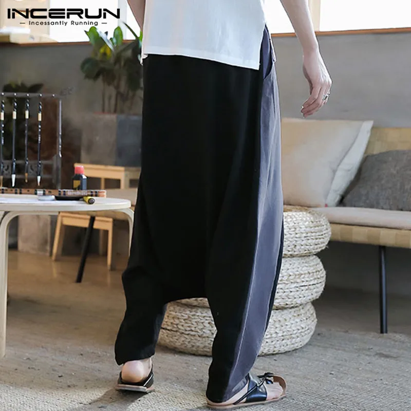 INCERUN мужские хлопковые Хип-Хоп Мешковатые Лоскутные широкие брюки повседневные штаны Hombre Social шаровары