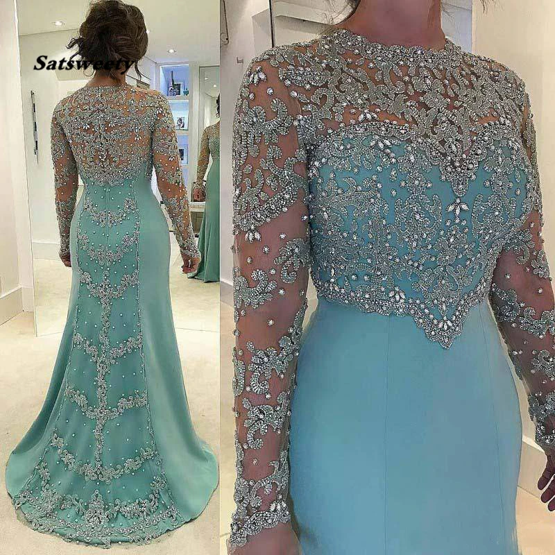 

Special Beadings Mother Of The Bride Dresses Appliques Jewel Neck Illusion Long Sleeves A-line Formal Dinner Gowns