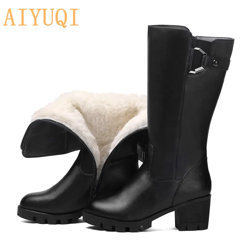 

AIYUQI 2019 Long Boots Women Winter New Natural Wool Warm Waterproof Snow Boots Women Shoes Women Heels Boots