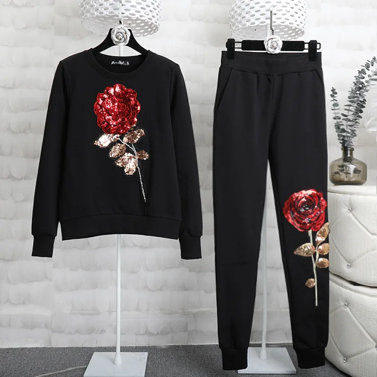 

WOMEN'S Dress 2020 Autumn New Style Korean-style Fashion Set plus Velvet Hoodie Rose Embroidered Sequin Online Celebrity Two-Pie