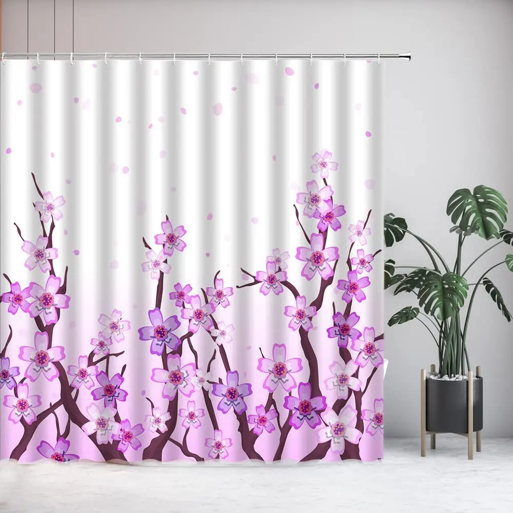 

Sakura Shower Curtain Purple Floral Cherry Blossom Watercolor Spring Flower Petals Dreamy Polyester Bathroom Curtain with Hook