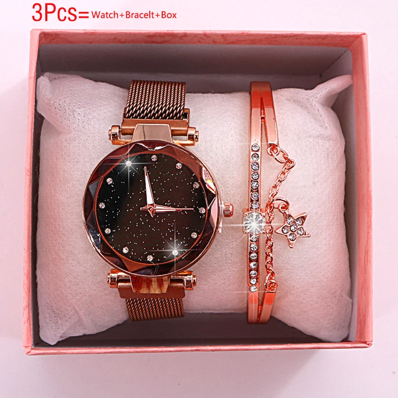 Rosegold BraceletBox Женские часы, новинка, браслет, набор, женские часы, магнитные, звездное небо, часы с коробкой, кварцевые наручные часы, женские часы, Reloj Mujer - Цвет: Rosegold BraceletBox