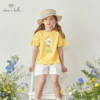 

DKH13192 dave bella summer 5Y-13Y kids clothes children fashion floral letter T-shirt girls high quality fashion tees