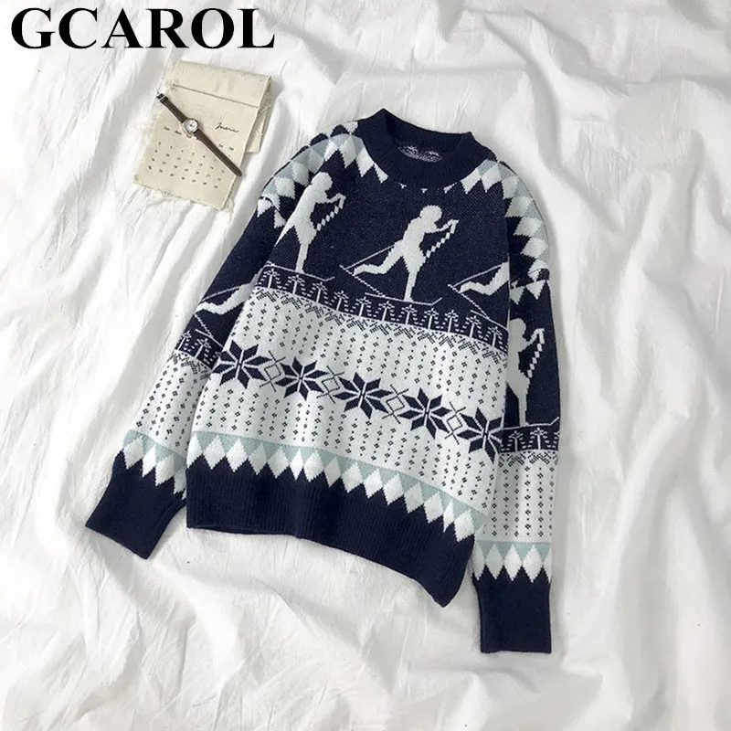 Blue GCAROL, Рождественская серия, снежный геометрический свитер, негабаритный винтажный плотный вязаный джемпер, Осень-зима, шикарный уличный трикотаж - Цвет: Blue
