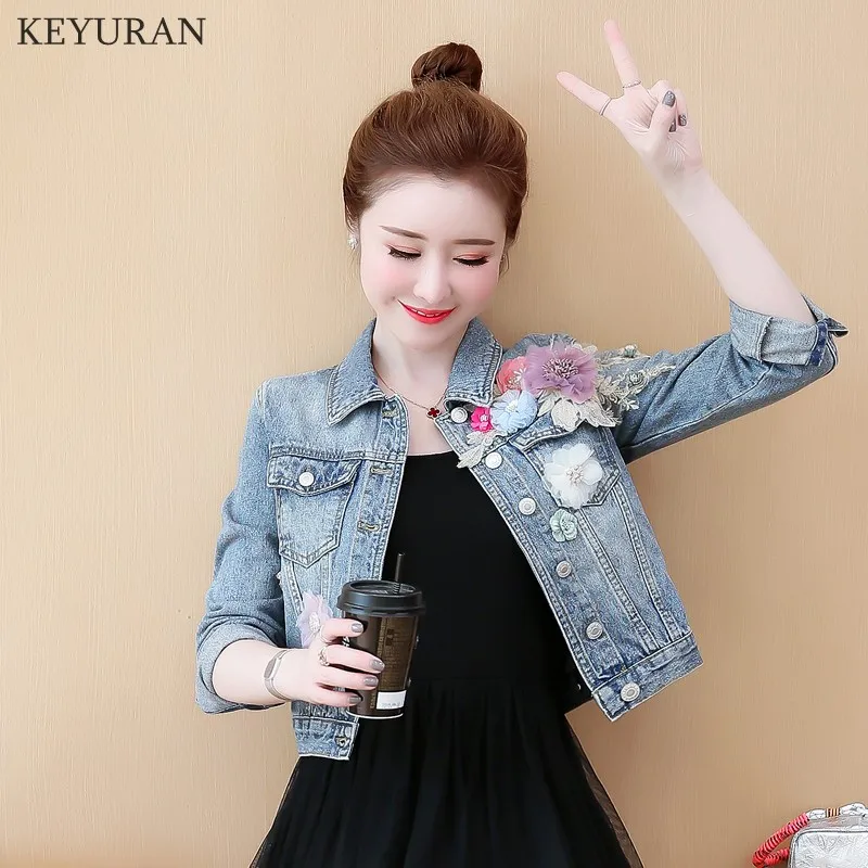 

2019 Autumn New Women Slim Three Dimensional Flowers Embroidery Short Denim Coat Woman Long Sleeve Jean Jacket Plus Size 3XL