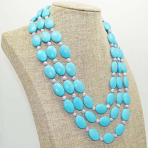 Blue turquoise real pearl jewelry,3rows pink freshwater pearl turquoise necklace rhinestone clasp birthday gift for women