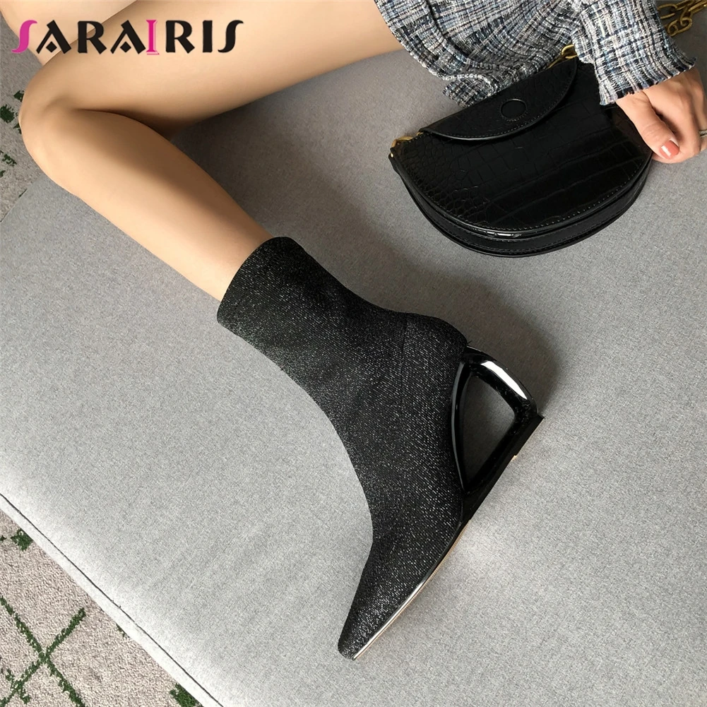 

SARAIRIS 33-43 Brand High Fretwork Heels Booties Ladies Fashion Ankle Stretch Boots Women 2020 Pointed Toe Party Shoes Woman