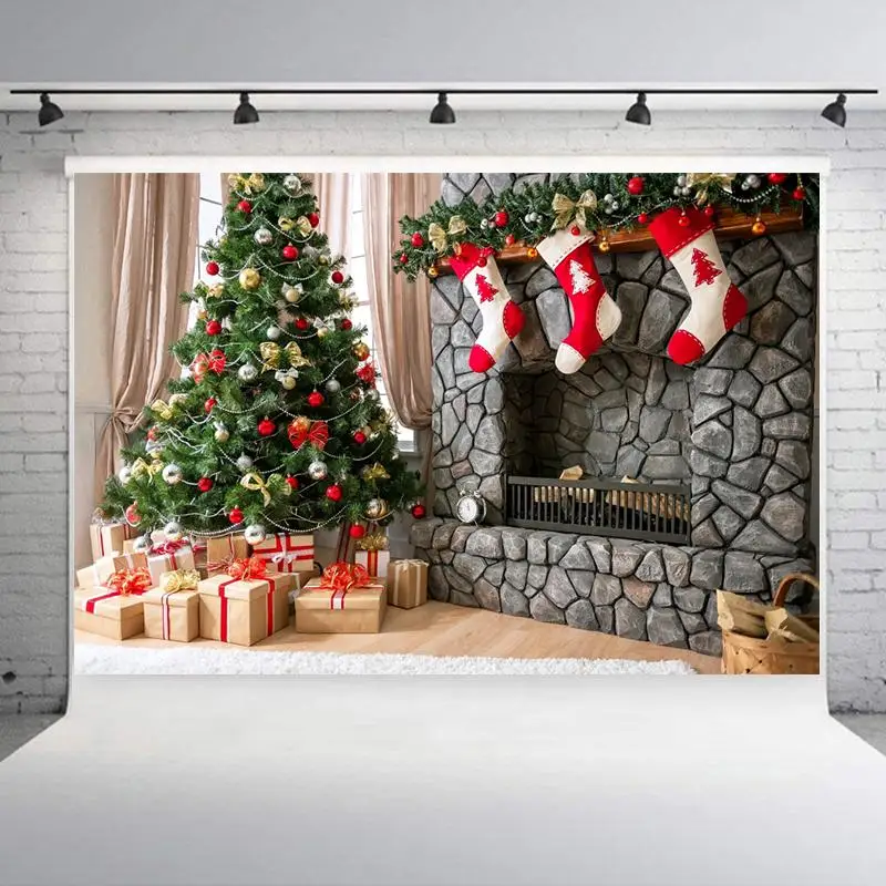 Christmas Style Photography Background Christmas Decoration Tree Retro Vintage Wooden Wall Fireplace Christmas Backdrops Prop - Color: HJ01782 D
