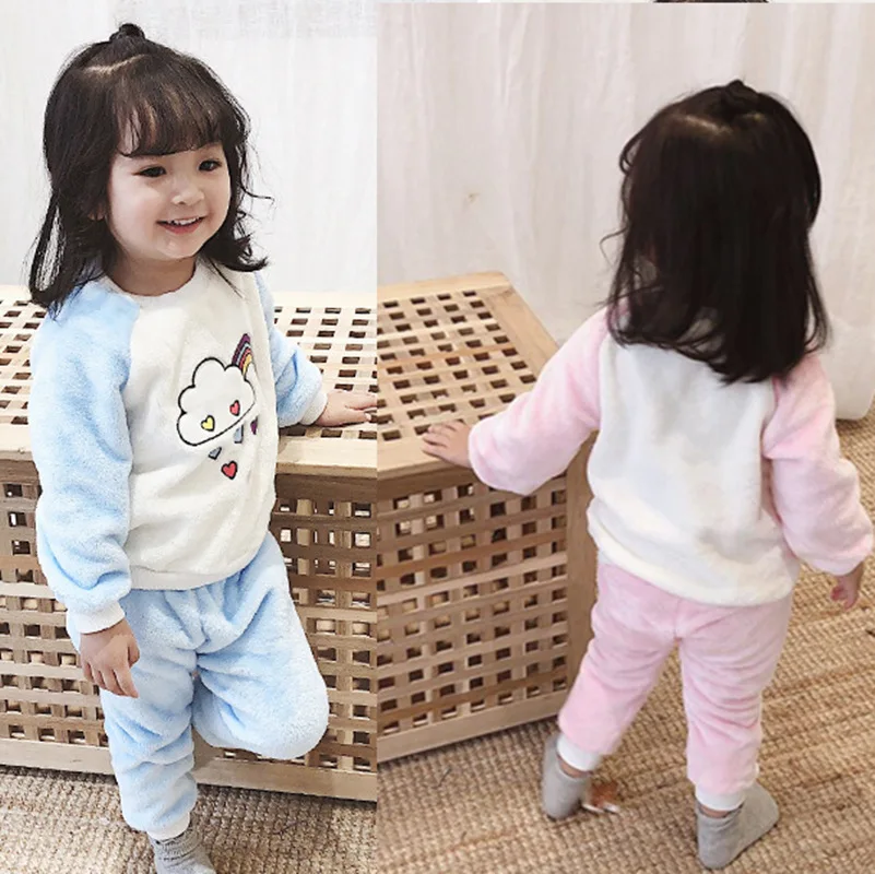 

Girl'S Suit Rainbow Cloud Super Soft Coral Piece Tracksuit 19 Winter New Style Childrenswear 3-8-Year-Old