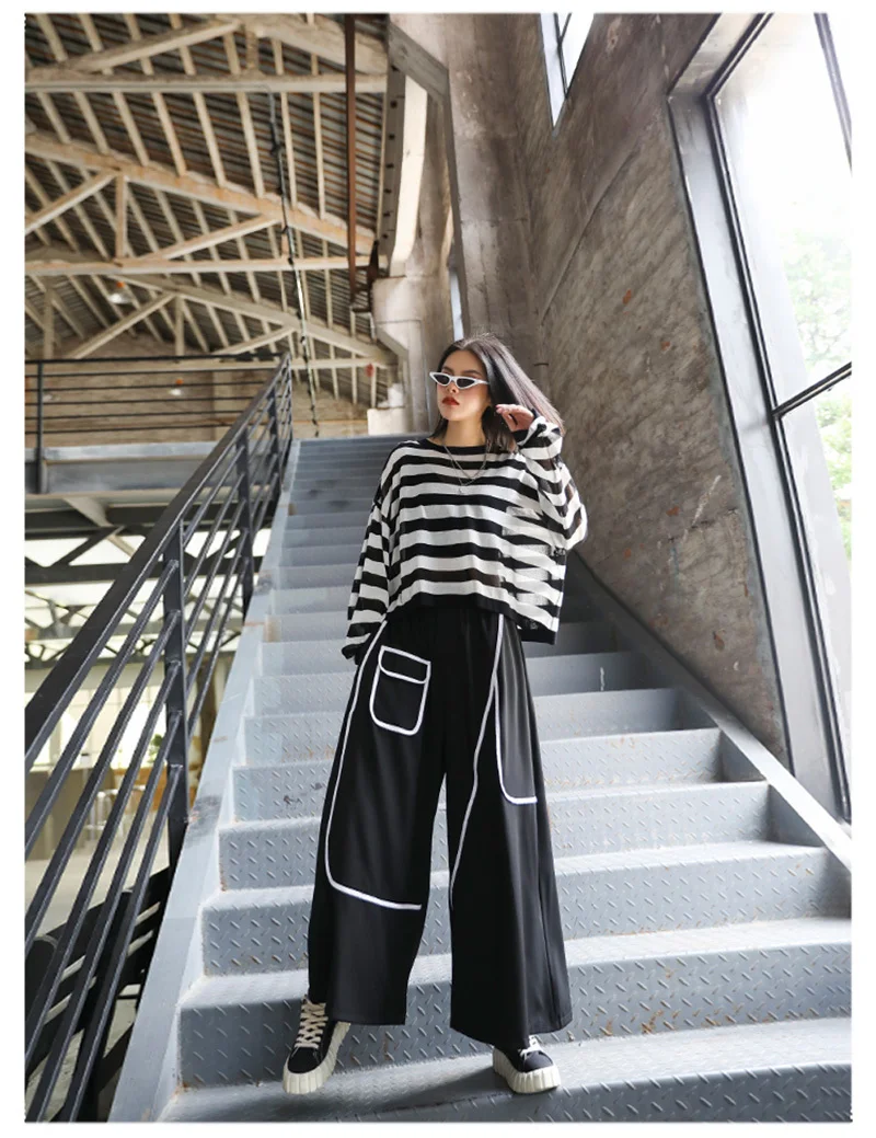 [EAM] High Elastic Waist Black Pocket Split Long Wide Leg Trousers New Loose Fit Pants Women Fashion Spring Autumn 2020 1X812