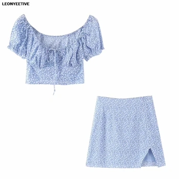 

2020 new fashion brand summer T Shirt and Skirt Set Short Floral Petal Sleeve Tassel O-neck Cotton linen women set