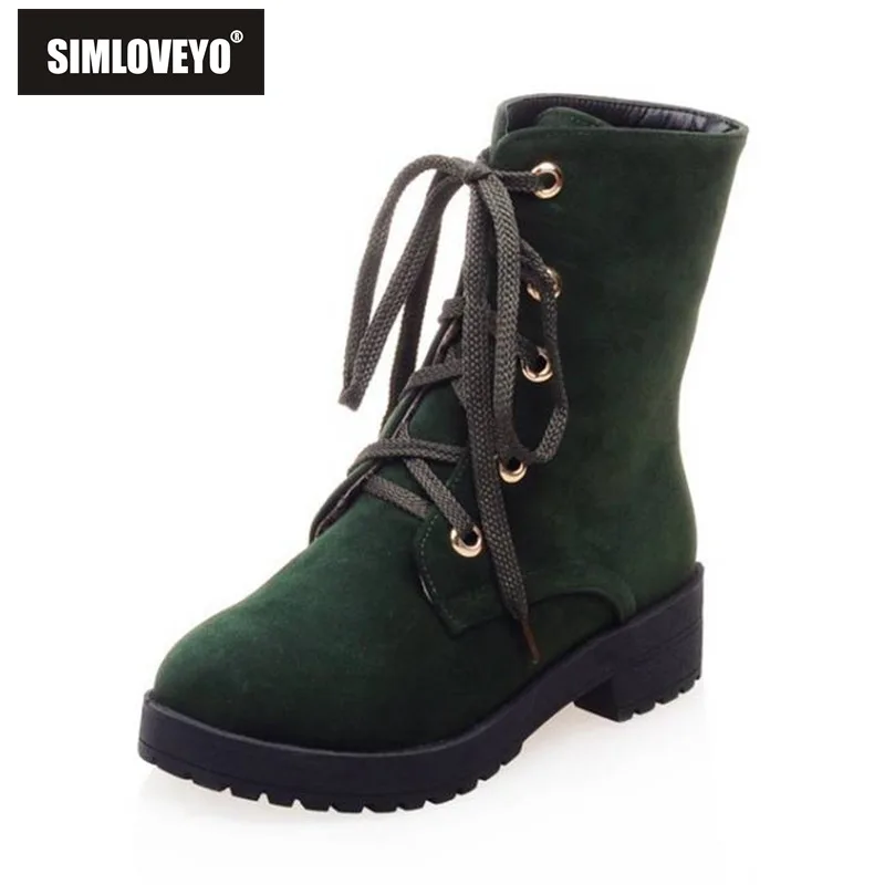 

SIMLOVEYO Ankle boots for women Round toe Faux suede leather Lace up cross -tied Low heel Ridding boots Classic Size 43 B1553