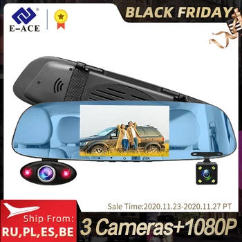 

E-ACE Car DVR 3 Camera lens 5 Inch Dvr Mirror FHD 1080P Video Recorder Camera Auto Registrator Dashcam with Rear view Camera