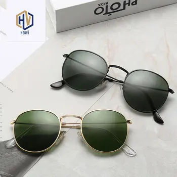 

Glass Lens Retro Round Sunglasses Women Fashion Dark Green Sun Glasses Men Brand Design High Quality Eyewear