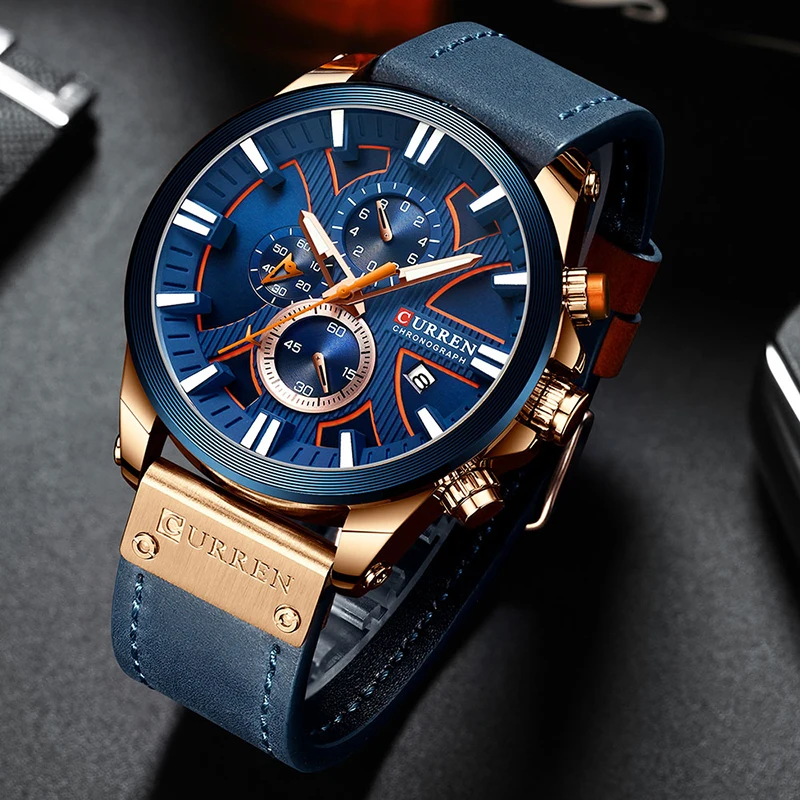 Relogio Masculino CURREN Мужские s часы лучший бренд класса люкс Хронограф большой циферблат часы мужские кожа Синий Золотой Мужские наручные часы