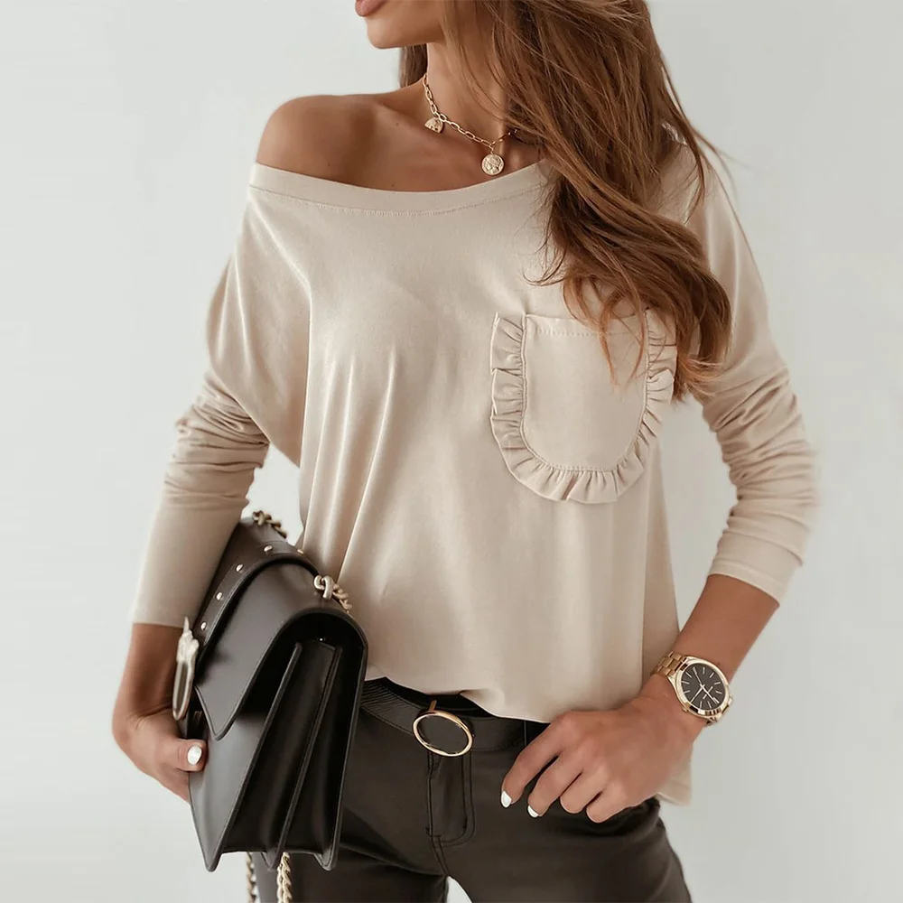 Scalloped Pocket Basic Tops for Women One Shoulder Tshirts Woman 2020 Autumn Long Sleeve Women's T-Shirt Khaki shirts for women