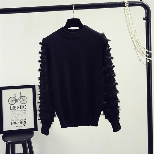 black pullovers Neploe, весенне-осенний свободный джемпер, модный кружевной свитер с рукавами-фонариками, пуловер, Женский вязаный пуловер, женская одежда, Свитера 91191 - Цвет: black pullovers