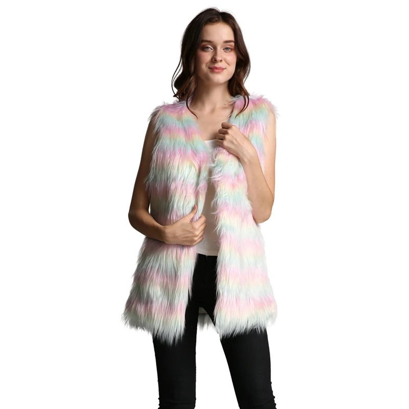 B Fur Coat Women Autumn Winter Fashion Causal All-match Colorful Stripes Faux Fur Round Collar Loose Sleeveless Coat Jacket Vest