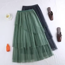 Женская плиссированная юбка-торт средней длины, однотонная Повседневная фатиновая юбка, весенне-летняя Корейская эластичная сетчатая юбка с высокой талией для женщин