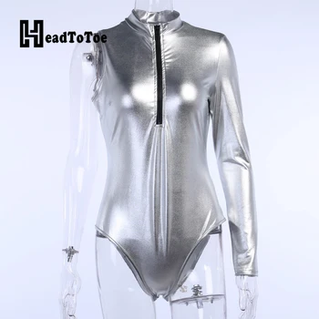 

Fashion One Shoulder Long Sleeve Gittler PU Rompers Women Bodysuit Elegant Mock Neck Skinny Fit Zipper Front One Piece Overalls