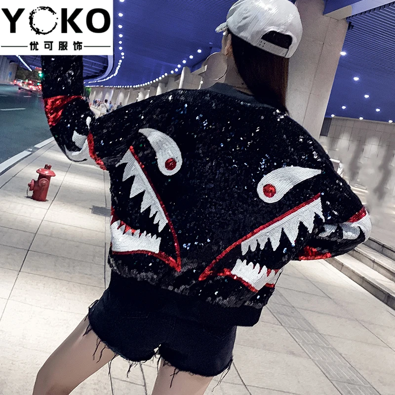 YOKO весна и осень Дикий тайский бренд Акула блёстки обрезанная куртка Женская бейсбольная форма модная куртка с блестками