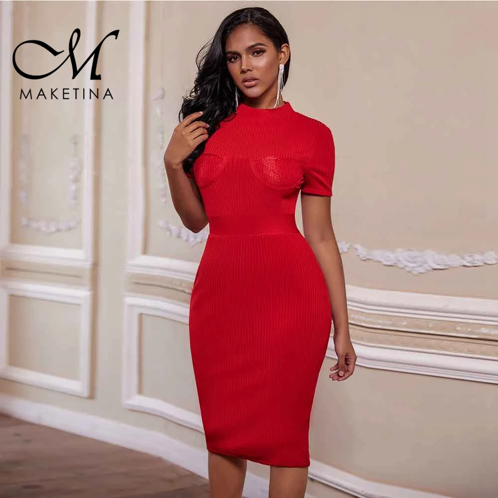 Женское Бандажное платье Maketina красное с круглым вырезом и коротким рукавом
