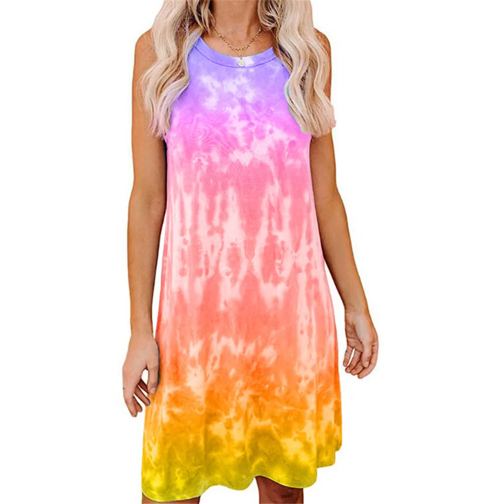 

Round Neck Sleeveless A-Line Short Dresses Colorful Tie-Dye Printed Loose Vest Mini Dress Women Summer O-Neck Print Sling Dress