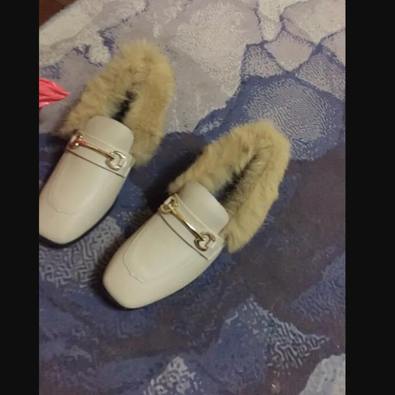 apricot 34-40) Большой размер г. Обувь с кроличьим мехом г. Женские зимние меховые лоферы на плоской подошве с металлической пряжкой женская обувь T-V1302 - Цвет: apricot