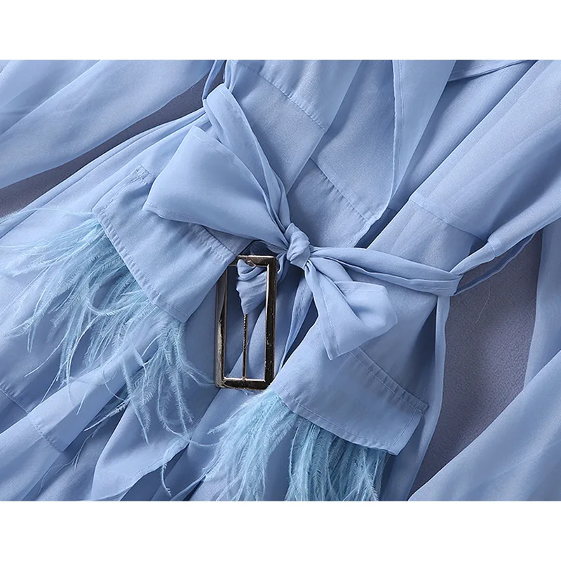 Skyblue цвет летнее подиумное модное платье с длинным рукавом пояс из вуали элегантное офисное женское платье высокого качества