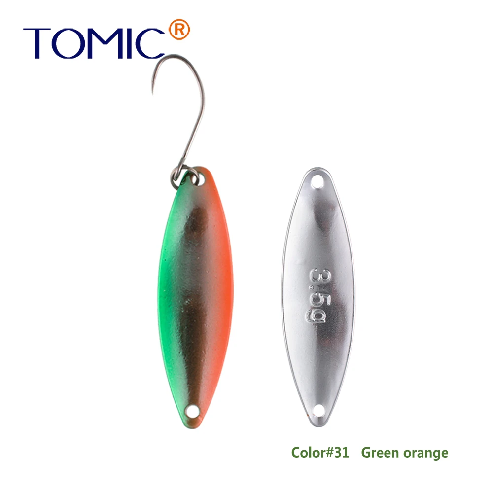 green orange Tomic 1 шт. 1,6 г 2,7 г 3,5 г микро узкие латунные металлические ложки УФ сверкающие цвета окунь форель области один крючок рыболовные приманки Pesca - Цвет: green orange