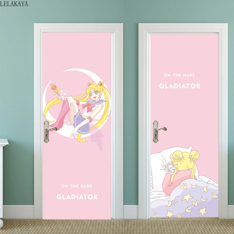 

New Anime Sailor Moon Tsukino Usagi Action Figure Card Captor Sakura Waterproof Door Sticker Self-adhesive Wallpaper Mural Decal
