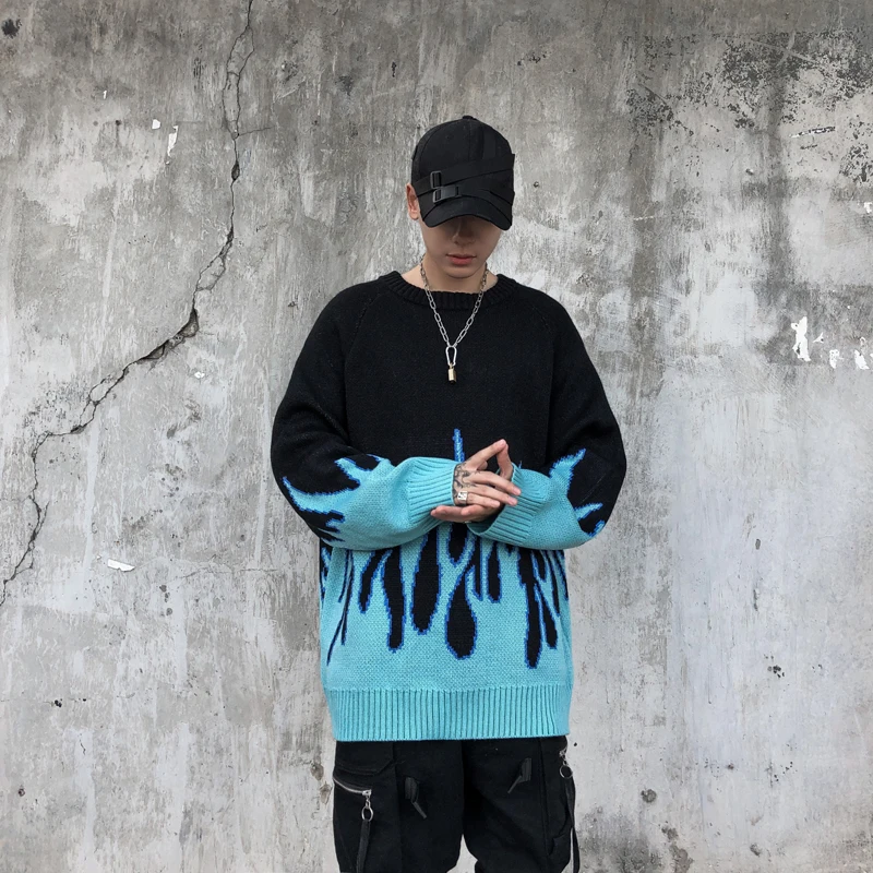 

Loose Knitted Sweater Men Streetwear Flame Pattern Hip Hop Pullover Streetwear Autumn New O-neck Oversize Couple Casual Sweaters